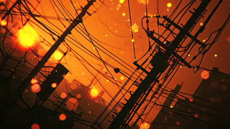 A close-up of power lines glowing at night, with the orange and yellow hues of streetlights illuminating the wires, creating a warm and atmospheric urban scene.の素材