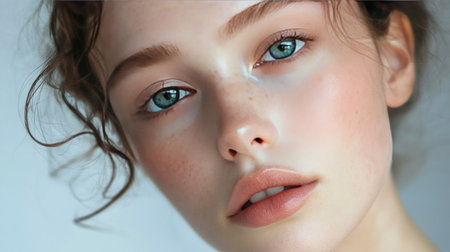 A close-up of a young woman with minimal makeup, emphasizing her natural skin texture and the fresh, youthful appearance of her face.の素材