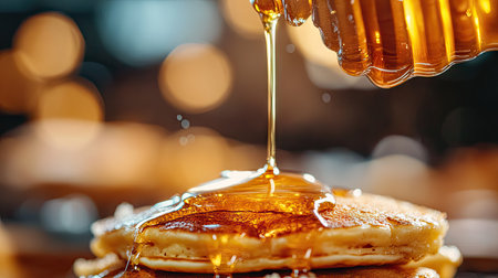A close-up of honey pouring from a jar onto a stack of pancakes, with the golden syrup glistening and the fluffy pancakes in the background, highlighting a delicious breakfast.の素材