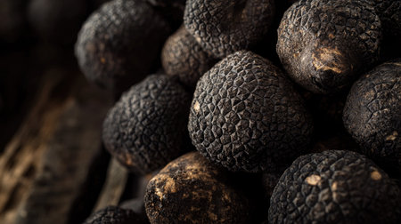 A close-up of fresh black truffles with their distinctive rough texture and dark color, set against a rustic wooden background to highlight their natural beauty.の素材