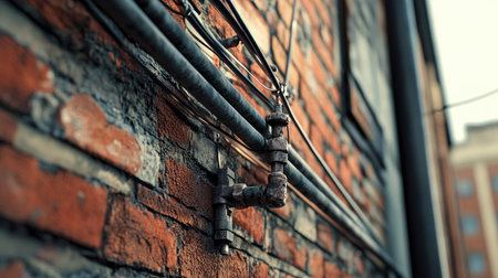 A close-up of electrical wires running along the side of a building, with the textures of the brick wall and the metal conduit adding depth and interest to the composition.の素材