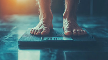 A close-up of human feet standing on a scale, focusing on the texture of the skin and the measurement display, representing health and wellness.の素材