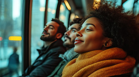 A close-up of passengers enjoying a ride on an electric train, with views of the city through the windows and a focus on their relaxed and comfortable expressions.の素材