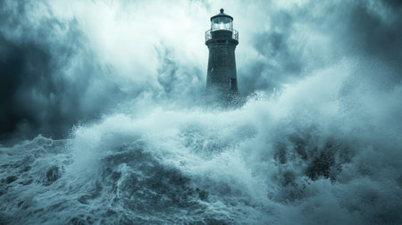 A close-up of powerful storm waves hitting a lighthouse, with water splashing against the sturdy structure and the stormy backdrop creating a dramatic scene.の素材