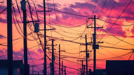 A close-up of tangled power lines crisscrossing in the sky, with the poles and wires forming a chaotic yet intricate pattern against a sunset backdrop.の素材