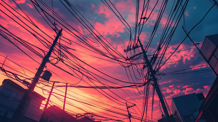 A close-up of tangled power lines crisscrossing in the sky, with the poles and wires forming a chaotic yet intricate pattern against a sunset backdrop.の素材