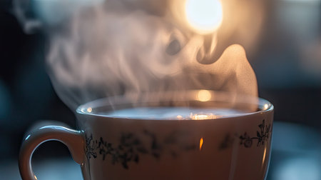 A close-up of steam rising from a hot beverage, such as tea or hot chocolate, with the steam creating intricate patterns and highlighting the rich, comforting nature of the drink.の素材