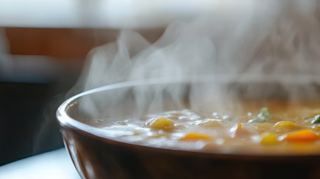 A close-up of steam coming from a bowl of hot soup, with the steam forming delicate patterns against a blurred background, emphasizing the freshness and warmth of the meal.の素材