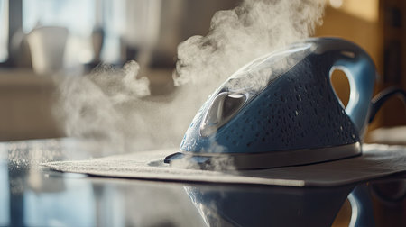 A close-up of steam coming out of a steaming iron on an ironing board, with the fine mist adding a sense of domestic routine and garment care.の素材