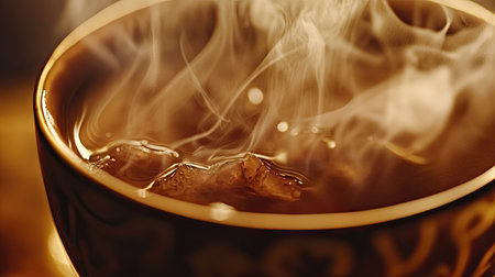 A close-up of steam rising from a hot beverage, such as tea or hot chocolate, with the steam creating intricate patterns and highlighting the rich, comforting nature of the drink.の素材