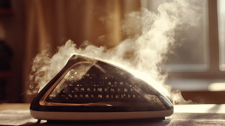 A close-up of steam coming out of a steaming iron on an ironing board, with the fine mist adding a sense of domestic routine and garment care.の素材