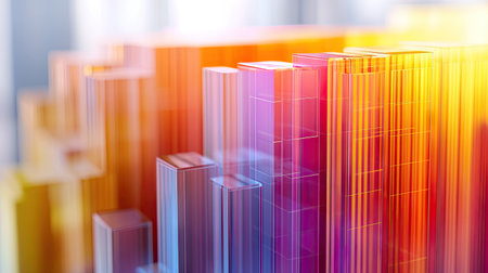 A detailed shot of a 3D stacked column graph with multiple layers and segments, illustrating the breakdown of financial data across different categories and time periods.の素材