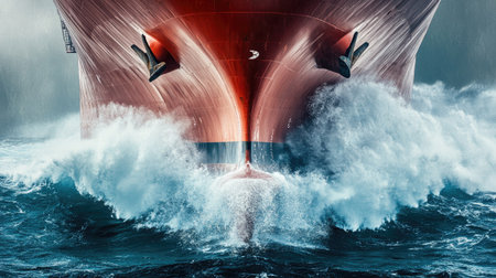 A close-up of the bow of a massive cargo ship cutting through the waves, with the ocean spray and the ship hull dominating the frameの素材
