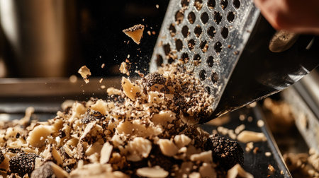 A close-up of truffles being grated or shaved over a gourmet dish, highlighting the fine texture and aromatic qualities of this prized ingredient. --ar 16:9 --v 6.1 Job ID: b58c1c27-3812-452f-92e0-511d676aad0cの素材
