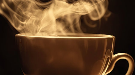 A close-up of steam rising from a hot cup of coffee, with the gentle curls of vapor contrasting against the dark background,の素材