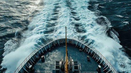 A close-up of the stern of a large ship, with the ship wake stretching out behind it, creating a powerful visual of movement through the ocean.の素材