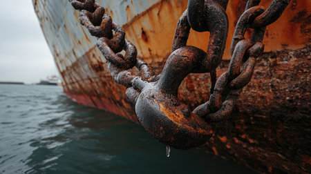 A close-up of the anchor of a large ship being lowered into the sea, with the heavy chain links and rusted metal adding a sense of scale and durability.の素材