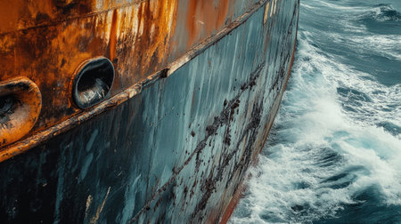 A close-up of the ship name and registration on the side of a large vessel, with the textured surface of the hull and ocean waves in the backgroundの素材