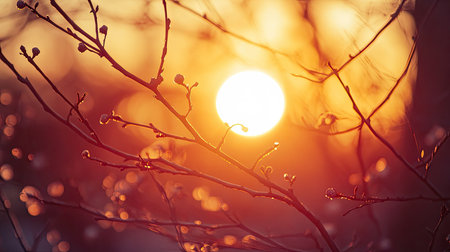 A close-up of the sun setting behind a tree line, with the branches and leaves framing the glowing orb of the sun, creating a natural and tranquil sunset scene. -の素材