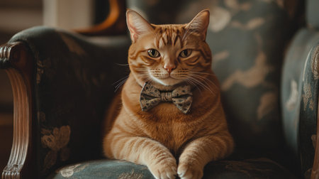 A detailed shot of a chubby cat with a bow tie around its neck, sitting elegantly on a chair, showcasing its charming and adorable appearance.の素材