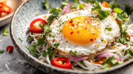 A detailed shot of with a perfectly cooked sunny-side-up egg, surrounded by vibrant garnishes like chopped cilantro and red chili, emphasizing the fresh and tasty elements of the dish. -の素材