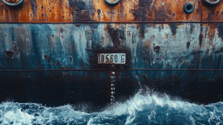 A close-up of the ship name and registration on the side of a large vessel, with the textured surface of the hull and ocean waves in the backgroundの素材