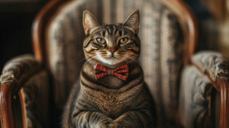 A detailed shot of a chubby cat with a bow tie around its neck, sitting elegantly on a chair, showcasing its charming and adorable appearance.の素材