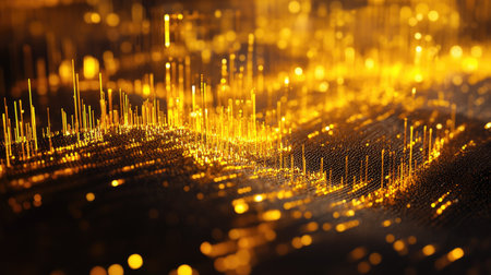 A detailed shot of a 3D gold heatmap chart with golden gradients and data points, highlighting intensity or frequency in a visually striking and premium manner.の素材