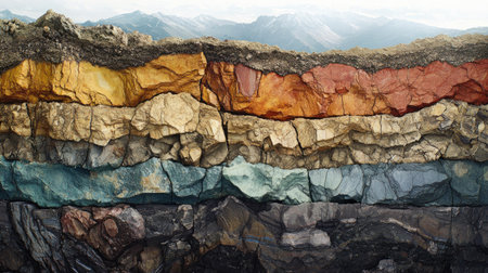 A detailed shot of a cross-section of Earth's crust with visible layers of sedimentary, metamorphic, and igneous rocks, illustrating geological formations. -の素材