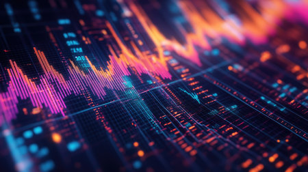 A detailed shot of a 3D surface graph with color gradients and data overlays, depicting complex financial relationships and market trends in an engaging visual format.の素材