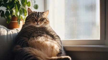 A detailed shot of a chubby cat sitting by a sunny window, with its fluffy belly visible and a content look, capturing the essence of a lazy afternoon.の素材