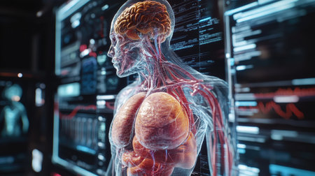 A detailed shot of a 3D medical model on a screen, showcasing anatomical structures and precision in the digital representation of human organs or bones.の素材