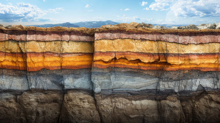 A detailed shot of a cross-section of Earth's crust with visible layers of sedimentary, metamorphic, and igneous rocks, illustrating geological formations. -の素材