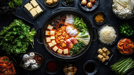 A detailed shot of a shabu-shabu setup, with various ingredients like tofu, leafy greens, and seafood arranged around a hot pot, emphasizing the vibrant colors and textures.の素材