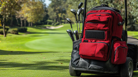 A detailed shot of a golf bag with clubs, gloves, and accessories, set on a golf cart next to a well-maintained green, highlighting the gear used in the game.の素材