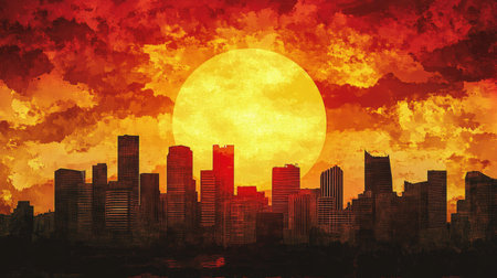 A detailed shot of the sun setting behind a city skyline, with buildings silhouetted against the colorful sky, emphasizing the contrast between urban life and natural beauty.の素材