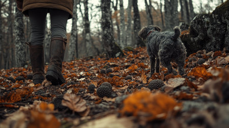 A detailed shot of a truffle hunting scene, with a trained dog sniffing for truffles in the forest floor, capturing the process of sourcing these rare fungi.の素材