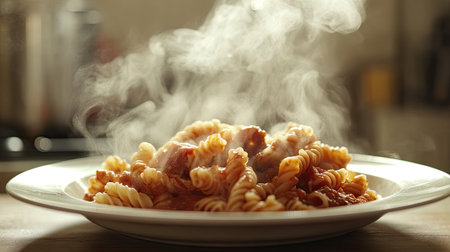 A detailed shot of a plate of freshly cooked pasta with sauce, steam gently wafting up from the dish, highlighting the warmth and inviting aroma of the meal.の素材