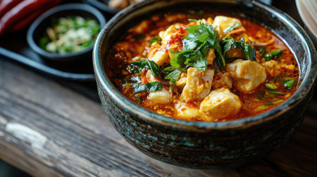 A detailed shot of a handmade ceramic bowl of with its vibrant color and texture highlighted, set against a rustic wooden table with Thai condiments.の素材