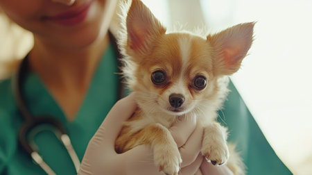 A detailed shot of a veterinarian holding a small dog or kitten, with a warm and reassuring expression, highlighting the compassionate care provided to pets.の素材