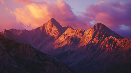 A detailed shot of the sun setting behind rugged mountain peaks, with the sky painted in shades of pink, purple, and orange, highlighting the dramatic landscape.の素材
