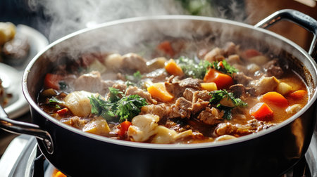 A detailed shot of a large stock pot filled with a hearty stew, with ingredients like vegetables and meat visible, and steam rising from the pot.の素材