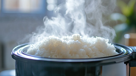 A detailed shot of a rice cooker lid lifted, revealing perfectly cooked hot rice with steam escaping, showcasing the texture and fluffiness.の素材