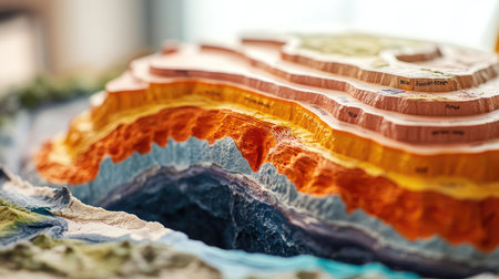 A detailed shot of an educational model of Earth's layers, including the crust, mantle, and core, with clear labels and a focus on geological structure.の素材