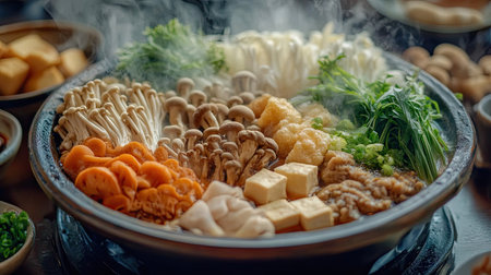 A detailed shot of a shabu-shabu meal with ingredients such as mushrooms, tofu, and vegetables arranged in a visually appealing manner, with steam rising from the hot pot.の素材