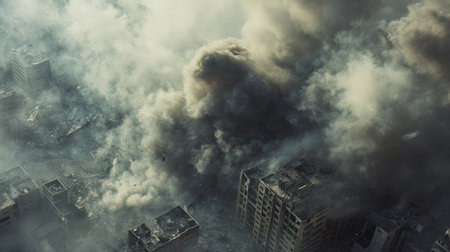 A detailed shot of a smoke-filled explosion in an urban environment, with buildings partially obscured by the thick, dark smoke and debris scattered around.の素材