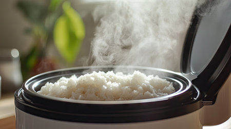 A detailed shot of a rice cooker lid lifted, revealing perfectly cooked hot rice with steam escaping, showcasing the texture and fluffiness.の素材