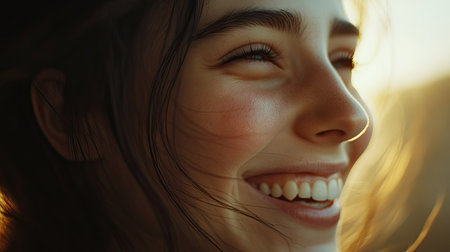 A detailed shot of a young woman laughing or smiling with her eyes crinkling, capturing the joy and spontaneity of her expression and the warmth of her personality.の素材
