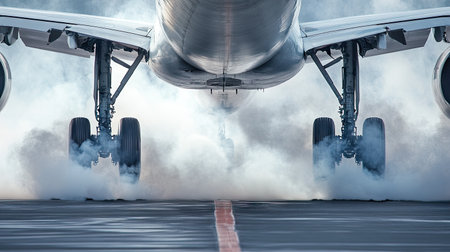 A detailed view of an airplane's landing gear as it touches down on the runway, with smoke rising from the tires, showcasing the precision and strength of the machinery.の素材