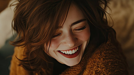 A detailed shot of a young woman laughing or smiling with her eyes crinkling, capturing the joy and spontaneity of her expression and the warmth of her personality.の素材